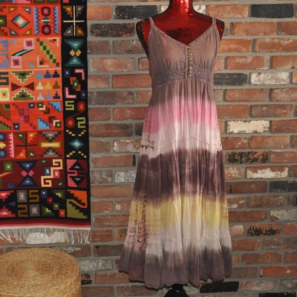 Hippie Sleeveless Tie Dye Tiered Cotton Festival Spaghetti strap. Pull-Over M - Picture 3 of 6